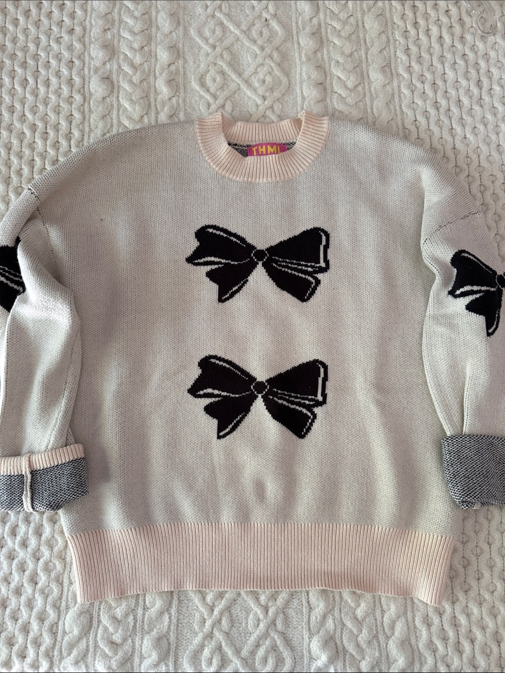 THML Cream Crewneck Sweater with Black Bow Details and Pink Trim